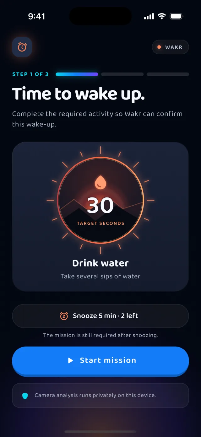 Wakr alarm screen showing step 1 of 3 of a wake-up routine, a Drink water mission with a 30 second target, a snooze row, and a Start mission button.