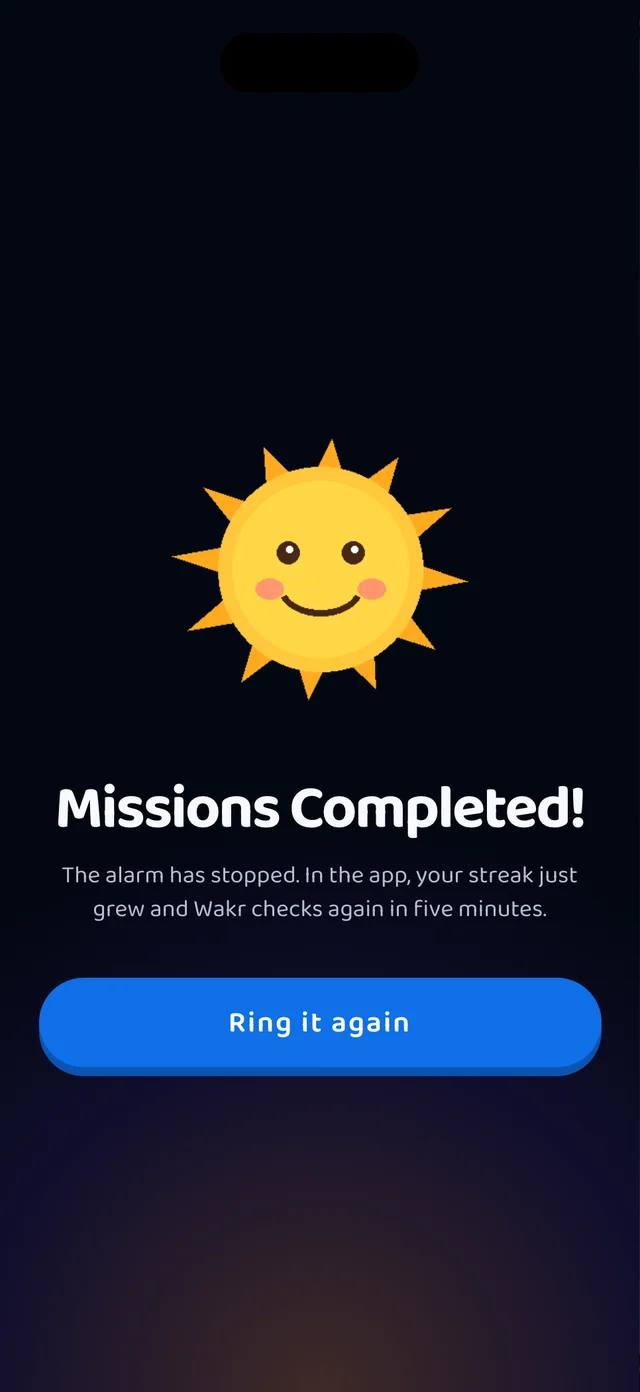 Wakr Missions Completed screen with a smiling sun.