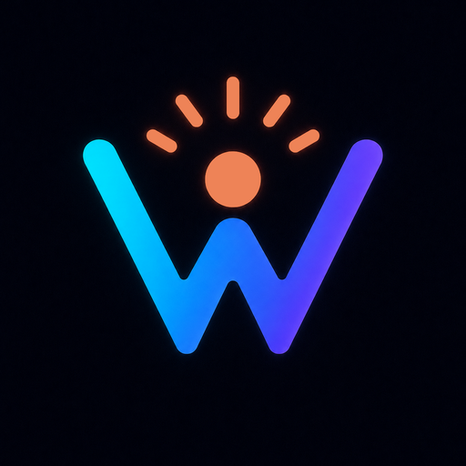 Wakr app icon: a blue-to-violet W with an orange rising sun on black.
