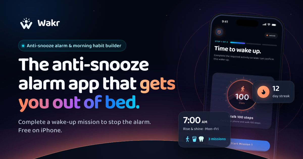 Wakr banner reading The anti-snooze alarm app that gets you out of bed, beside an iPhone showing the alarm screen.